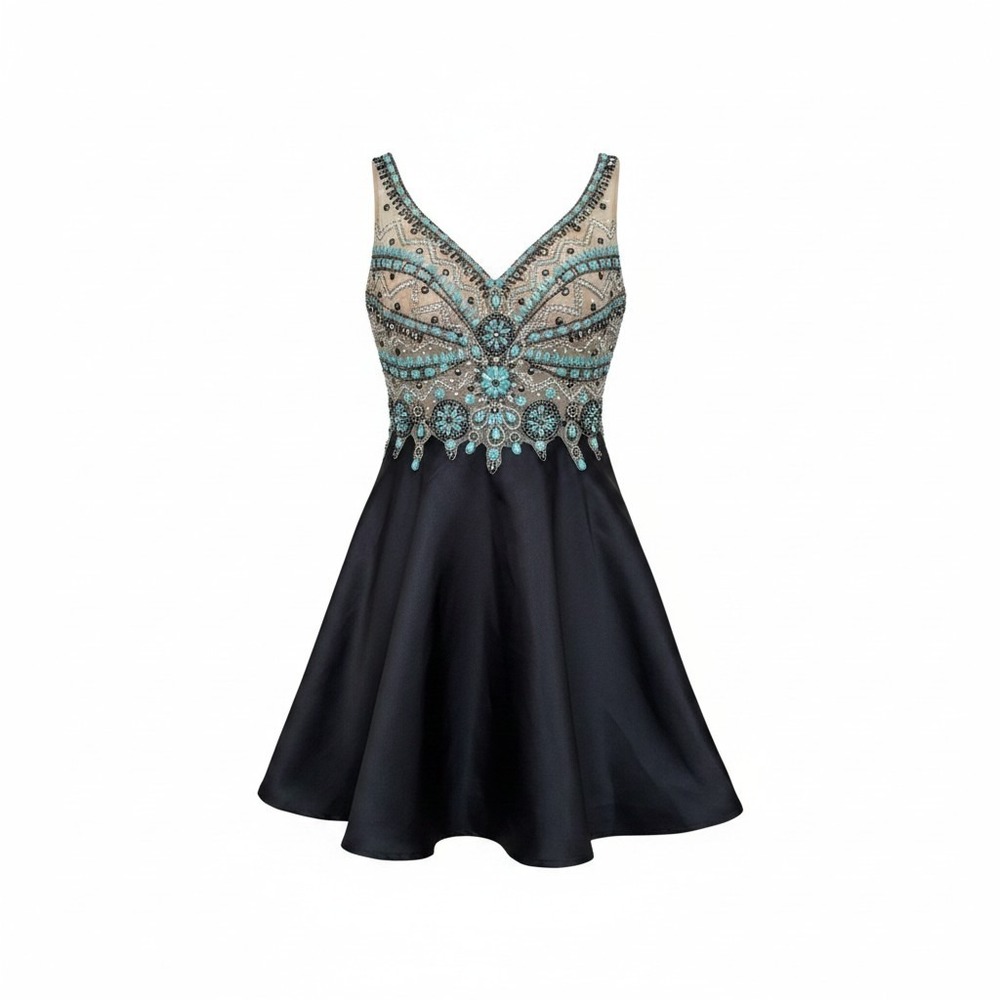 Ed Young Hand Beaded Fit and‎ Flare Cocktail Dress Teal Silver Black Large